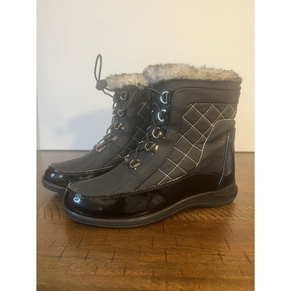 Totes Lisa Boots Women's 7M Black Faux Fur Snow Winter Booties Quilted Lace